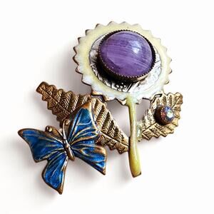 Amethyst Flower Brooch Enameled Brass Figural with Blue Butterfly AB Rhinestone